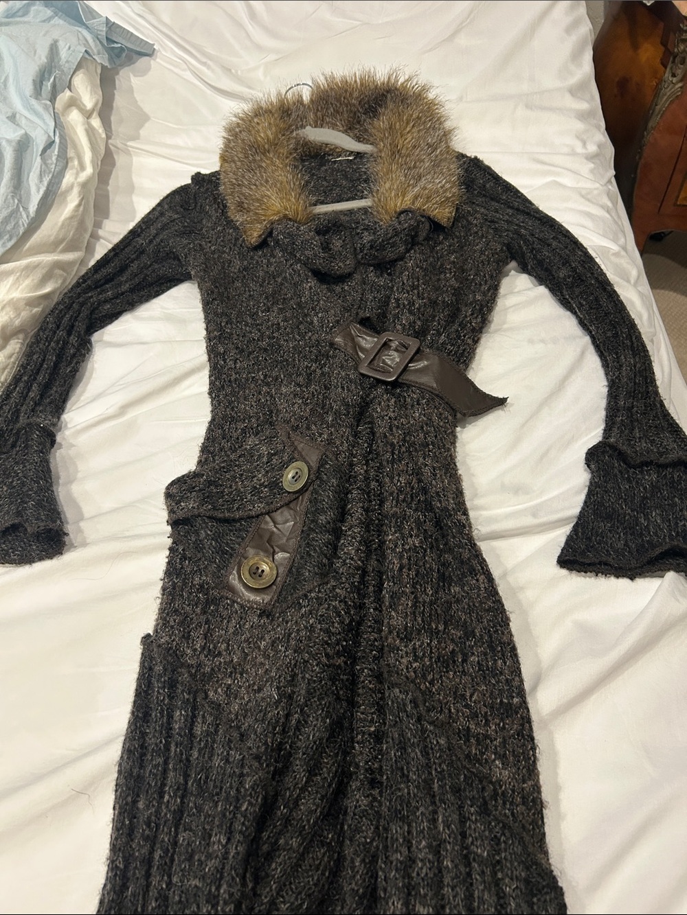 Knit Faux-Fur Collar Long Cardigan Coat - Dark Gray